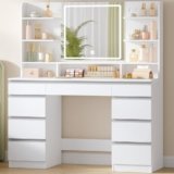 Hzuaneri Toeletta da Trucco Grande con Illuminazione a LED, 3 Colori, Luminosità Regolabile, Tavolo da Trucco con Specchio, 9 Cassetti, 9 Ripiani Aperti, Stile Moderno, Bianco-Argento DT41903W