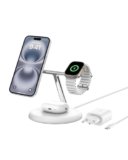 Belkin Supporto di Ricarica Wireless Magnetica 3 in 1 con Qi2 15W, Compatibile con MagSafe, Caricatore rapido per iPhone 17, Air, Pixelsnap, AirPods, Apple Watch (alimentatore incluso) – Bianco