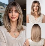 Esmee Breve Dritto Ombre Biondo Bob Parrucche con Frangetta Spalla Lunghezza Parrucca Naturale Sintetica Cosplay Parrucche per le Donne