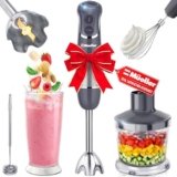 Mueller Multistick 5-in-1 Immersion Blender Handheld,12 Speed Hand Mixer-Turbo Boost,Heaviest Duty Copper Motor,Titanium reinforced Blades Hand Blender,Milk Frother Wand,Whisk,Beaker,Chopper,Grey