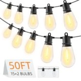 Licoopr Outdoor String Lights 50ft IP65 Waterproof Patio Lights with 15 + 2 Shatterproof LED Bulbs Commercial Grade LED String Lights Connectable Hanging Decorative Lights for Outdoor Balcony Yard