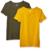 Amazon Essentials Women’s Slim-Fit Short-Sleeve V-Neck T-Shirt, Pack of 2, Gold/Olive, X-Small