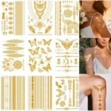 Tatuaggi Temporanei Lezed,9 Fogli Di Tatuaggi Temporanei d’Oro,Accessori Per Tatuaggi Del Festival Metallico,È Usato Per Gli Accessori Quotidiani Per Celebrazioni Per Vacanze Delle Ragazze.