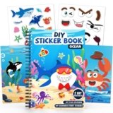 Ocean Reusable Sticker Book for Toddlers, DIY Make-a-face Animals Fun Jelly Stickers, Washable Puffy Stickers for Kids Toys, Airplane Road Trip Travel Activities Essentials for Kids 3 4 5 Years