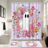 Ticuenicoa 4 Pcs Halloween Shower Curtain Set with Cute Ghost Design, Includes 72×72 Inch Shower Curtain, Bathroom Rugs, Toilet Lid Cover, 12 Hooks, Spooky Season Decor