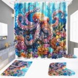Ocean Octopus Shower Curtain Bathroom Set Colorful Nautical Beach Bath Curtains with Rugs Coastal Kraken Decor Waterproof Abstract Sea Animal Coral Shower Curtain for Toilet Bathtub Home Decorations