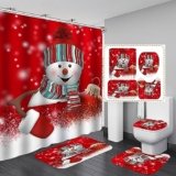 Christmas Shower Curtain Sets for Bathroom, 4Pcs Xmas Shower Curtain/Non-Slip Bathroom Rugs/Lid Toilet Cover/Bath Mat, Merry Christmas Funny Santa Claus Elk Snowman Carpet Decor(Christmas – 001)