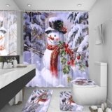 Omebero Red Scarf Snowmans Bathroom Sets with Shower Curtain and Rugs, Toilet Lid Cover, Bath Mat, Soft Fabric Cute Christmas Snowman Shower Curtain Set for Bathroom, Bathroom Decor Shower Curtains