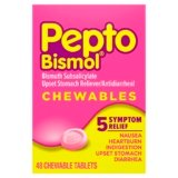 Pepto Bismol Chewable Tablets, Upset Stomach Relief, Nausea Relief, Heartburn Relief, Indigestion Relief, Anti Diarrhea Medication for Adults – 5 Symptom Relief, 48 ct
