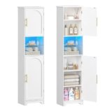 Hzuaneri Mobile Bagno con Luci LED, 2 Ante, mobiletto bagno salvaspazio, mobile alto con spazio aperto, ripiani regolabili, soggiorno, bagno, 30 x 40 x 170 cm, Bianco SC28213X
