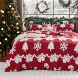 Bedsure Fluffy Christmas Duvet Cover Set – Ultra Soft Plush Shaggy Comforter Cover Queen Size, Warm Flannel Fleece Bed Sets for Winter, 3 Pieces, Ginger Candy Bell Pattern, Red