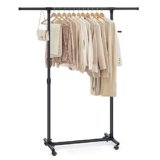 SONGMICS Stand Appendiabiti con Ruote, Attaccapanni, Altezza Regolabile 97-165 cm, Barra Estensibile, Ganci Laterali per Accessori, Nero LLR001B01
