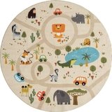 the carpet Happy Life – Tappeto da gioco per bambini, lavabile, con immagine di una strada, una giungla auto e animali, sfondo beige, 160 x 160 cm rotondo