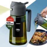PORTENTUM Spruzzino olio per friggitrice aria 470 ml 2 in 1 funzione spray e versamento – Oliera spray vetro verde protezione dalla luce – Etichette multilingua – Nebulizzatore insalate e grigliate