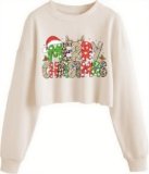 ZKDOO Women’s Merry Christmas Crewneck Crop Sweatshirt Funny Leopard Christmas Graphic Lantern Long Sleeve Pullover Winter Holiday Party Tops(L,Beige-Merry)