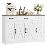 HOCSOK 140 cm Credenza Cucina, Mobile Cucina con 3 Cassetti e 4 Armadi, Buffet Mobile Moderno, Credenza Soggiorno, Mobile per Cucina Ingresso Foyer, Sala da Pranzo (Bianco +Marrone)