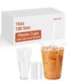 ROUWU 100 Pack – 16 oz Clear Plastic Cups with Lids and Straws,Sturdy & Food Safe Iced Coffee Cups with lids,Disposable Coffee Cups with Lids for Cold Drinks, Iced Coffee, Milkshake- BPA free