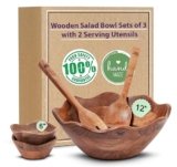 Melvvi Large Wooden Salad Bowl Set with 2 Serving Utensils and 2 Small Bowls | 12″ and 6″ Acacia Wood Bowls for Food | Great Gift for Thanksgiving & Christmas (Natural Set of 5)