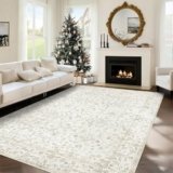 Area Rugs 6×9 Living Room Rug, Washable Vintage Boho Floral Rugs Non Slip Soft Low Pile Distressed Rug Stain Resistant Indoor Carpet for Bedroom Nursery Kitchen Dining Room Office Light Brown