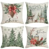 Ni-JASW Christmas Throw Pillow Covers 18×18 inch Set of 4, Watercolor Trees Deer Pinecones Snowflakes Let It Snow Xmas Winter Pillow Cases for Couch Sofa Decor