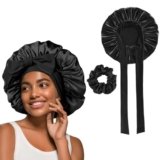 Ceeyoll 2 Pezzi Cuffia di Seta Neri,Satin Bonnet,Cappello Notturno Regolabile,Berretto da Notte Raso Elastico Cuffia Capelli Ricci,con 1 Elastici per Protezione dei Capelli Ricci Lunghi e Corti.