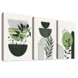 3 Pcs boho verde salvia Stampa su tela Con Cornice Linea geometrica minimalista Foglia Pittura Quadri su tela Quadri Moderni Camera da Letto Soggiorno Decorazioni Murale 150x70cm(20″x28″x3pcs)