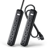 KMC 6-Outlet Power Strip, 2-Pack, Black Power Strips, 2ft Short Extension Cord with Multiple Outlets, 6 AC Power Outlet Strip, Flat Plug Powerstrip, 2pk, Black