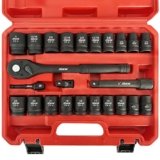 AMM 1/2″ Drive Master Impact Socket Set, 24-Piece Shallow Standard SAE (7/16-Inch to 1-Inch) & Metric (13-24 mm) Sizes, Socket Assortment with Ratchet Handle，Cr-V Steel