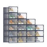 SONGMICS Scatole per Scarpe, Pacco da 18 Contenitori per Scarpe, Organizzatori Porta Scarpe Pieghevoli e Impilabili, Fino a Taglia 44, Trasparente e Blu Carbone LSP18SB30