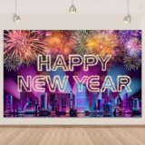 Happy New Year Banner 2026 Purple New York City Night View Manhattan Backdrop Retyshia Sparkling Fireworks Happy New Year Decorations Banner for NYE Party Photo Booth 5.9×3.6 Ft (Polyester)