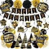2026 New Year Party Decorations Black Gold Happy New Year Banner Balloons Pom Poms Hats Photo Props NYE Decor Supplies for Home Office Holiday Celebrations