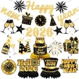 16Pcs Gold Black New Years Decorations 2026, Happy New Year Decorations 2026 Include Banner Hanging Swirls and Honeycomb Centerpiece New Years EVE Decorations for New Year Party Supplies