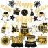 2026 New Year Party Decorations Black Gold Happy New Year Banner Balloons Pom Poms Hats Photo Props NYE Decor Supplies for Home Office Holiday Celebrations