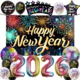 WEQTWL New Years Eve Party Supplies 2026, Rainbow Black Happy New Year Decorations Kit, Banner, Latex Confetti Balloons, 2026 Foil Balloons, 2026 New Year Eve Photography Background