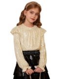 GRACE KARIN – Top da ragazza con paillettes per feste, completamente foderato, a maniche lunghe, camicetta per feste di compleanno, costume da danza hip hop, Oro, 12-13 Anni
