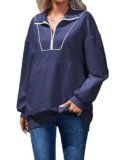 Famulily Women Cute Contrast Color Line Sweatshirt Long Sleeve Label Collar Jumper Tops Oversized Fall Clothes Navy S