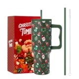 TaroKitc 40 oz Christmas Tumbler with Handle, Vacuum Triple Walled Stainless Steel Travel Mug, Fits for Car Cup Holder, Keep Cold for 34 Hours, Christmas Gifts for Her Him