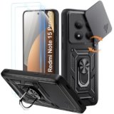 Yohii Militare Antiurto Cover per Xiaomi Redmi Note 15 Pro 5G (Nicht für 4G) con 2 Vetro Temperato è Copriobiettivo Scorrevole e 360°Metallo Anello Supporto, TPU+PC AntiGraffio Custodia, Nero
