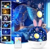 URAQT Proiettore Stelle Soffitto Bambini, Luci Notte per Bambini, 360°Rotazione Musicale Luce Notturna Bambini Proiettore, 6 Films Proiettore Soffitto,8 musica,con Telecomando e timer, Regalo Neonato