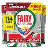 Fairy Platinum Plus Pastiglie Lavastoviglie, 114 Capsule, Limone, Detersivo Con Tecnologia Anti-Opaco, Contro Grasso e Incrostazioni Ostinate Anche nei Cicli Brevi