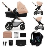 Kinderkraft MOOV 2, passeggino trio 3 in 1, navicella+passeggino 2 in 1, seggiolino auto i-Size, ruote antiforatura ammortizzate, cappottina UPF50+, fino a 27 kg, Beige