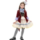NSPSTT Kids Mad Hatter Costume for Girl Halloween Dress Child Costume Hat Dress Stockings 7PCS, Wine Red, Size M