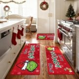 JSVSLTD Christmas Kitchen Rugs, Sets of 3 Non-Slip Washable Rug with Rubber Backing Christmas Decoration for Home Comfort Floor Mat for Entryway, Hallway – Red, 17″x30″+17″x47″+17″x59″