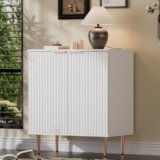 EOYUTLLY White Fluted Buffet Storage Cabinet,Wood Sideboard Buffet Cabinet with Adjustable Shelf & Rose Gold Colored Metal Legs, Accent Cabinet for Living Room,Kitchen, Assemble Easily