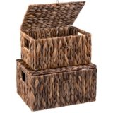FairyHaus Brown Wicker Storage Basket with Lid & Handle 2Pack, Natural Water Hyacinth Basket for Organizing, 13″x10″x7″& 11.2″x8.3″x5.7″ (L+M)