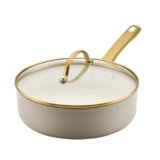 Farberware Forged Induction Ceramic Nonstick Saute Pan/Jumbo Cooker with Lid, Dishwasher Safe, Gold Color Stainless Steel Handle, 3 Quart Sauteuse Pan – Taupe