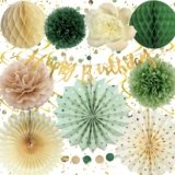 Almaxi Decorazioni Compleanno Verde, Addobbi Compleanno Verde Beige, Buon compleanno, Happy Birthday Ghirlanda, Fiori di Carta, Ventaglio di Carta Festa Compleanno per Ragazza Donne Ragazzi Uomini