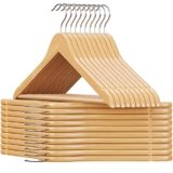 SONGMICS Grucce Legno, 20 Pezzi, Appendiabiti con Scanalature su Spalle, Barra Portapantaloni Antiscivolo e Gancio Girevole a 360°, per Completi Camicie Cappotti, Naturale e Argento CRW001-20