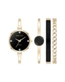 Anne Klein Women’s Bangle Watch and Bracelet Set, Black/Gold Lab-Grown, AK/5142BKST