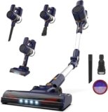Aspirapolvere Senza Fili, Scopa elettrica Pieghevole, Senza Sacco, 20kPa, Luce LED, Due filtri a spugne, Autonomia 40 Min, Pavimenti Tappeto Peli di Animali Domestici
